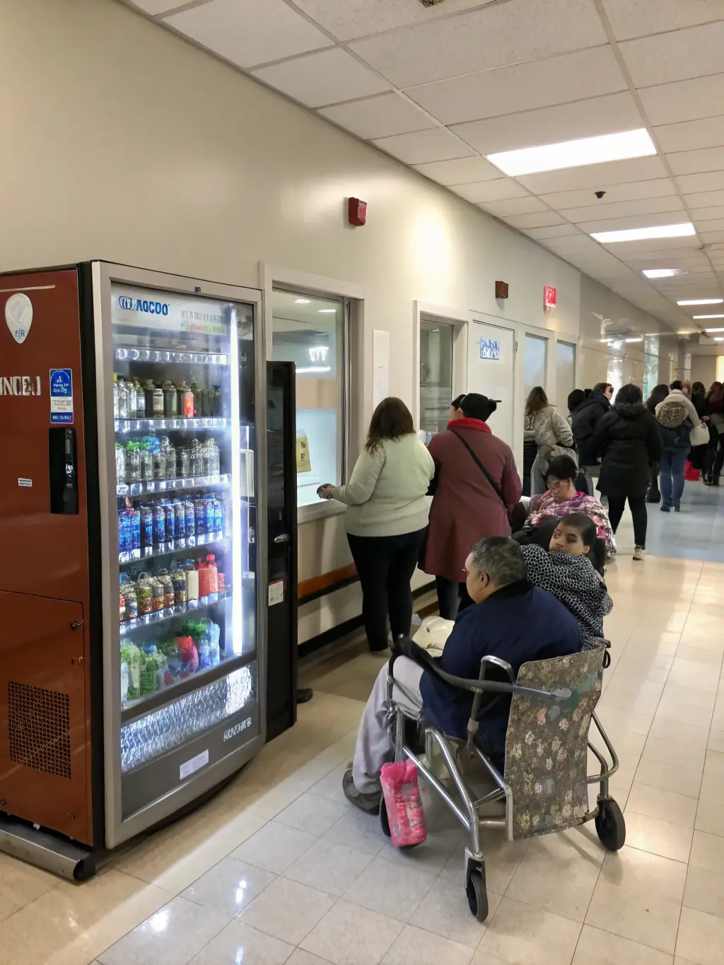 A bustling hospital waiting area with a Vendai refrigerated vending machine providing refreshments for patients and visitors.