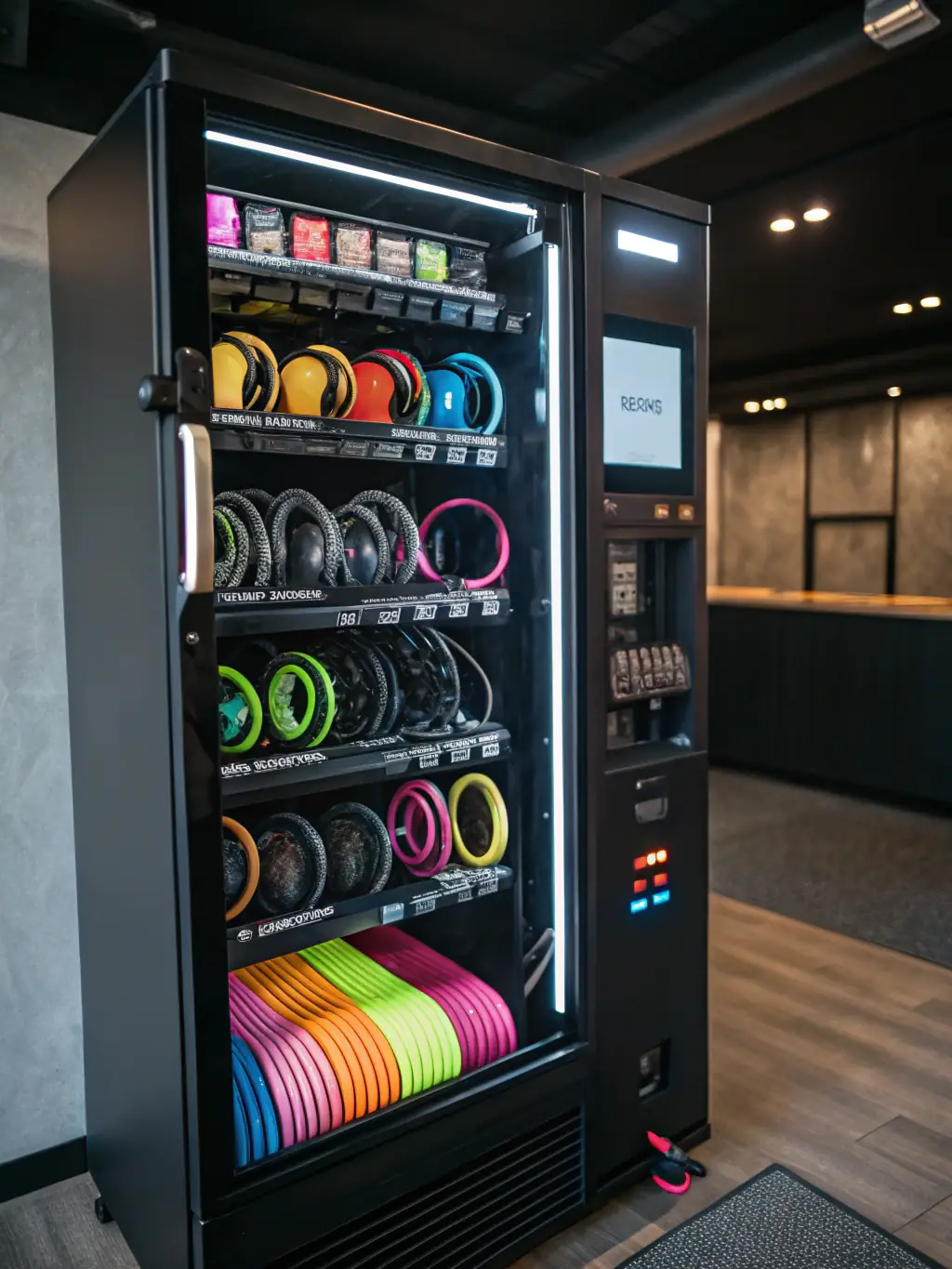 A gym or fitness center with a Vendai refrigerated vending machine offering protein shakes, energy bars, and other healthy options for post-workout recovery.