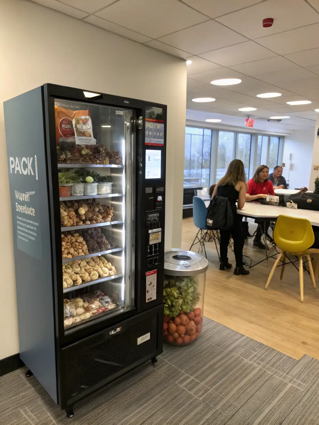 A modern office space with a Vendai refrigerated vending machine stocked with healthy snacks and drinks, catering to employee wellness.