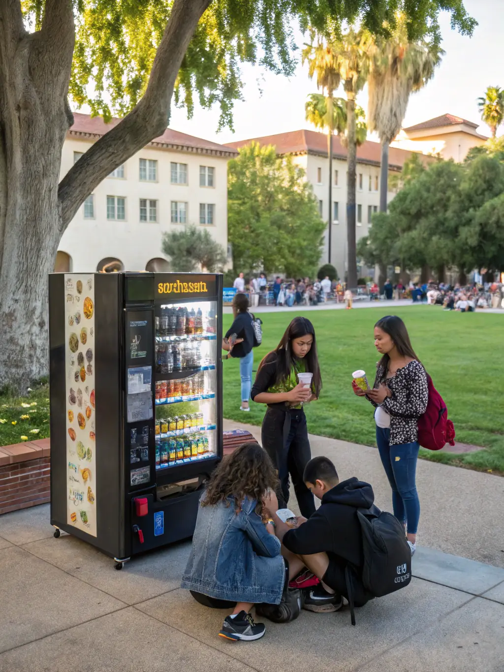 A university campus with a Vendai refrigerated vending machine offering quick and easy access to snacks and drinks for students.