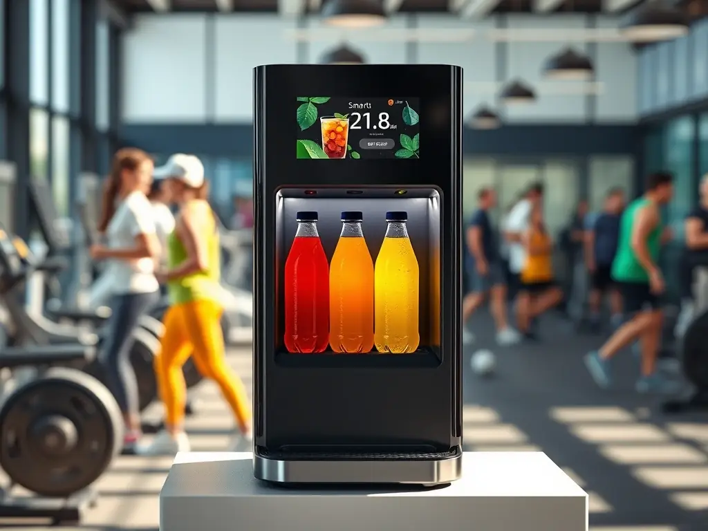 A brightly lit gym featuring a Chilled Beverage Vending Machine stocked with various sports drinks and bottled water. Athletes are shown purchasing beverages, emphasizing the convenience and refreshment provided by the vending solution in a fitness environment.