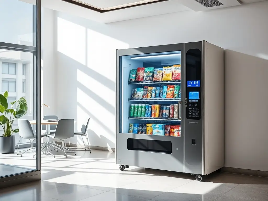 A modern, well-lit office break room featuring a Smart Snack Vending Machine stocked with a variety of popular snacks. Employees are seen casually selecting items, highlighting the convenience and appeal of the vending solution in a workplace setting.