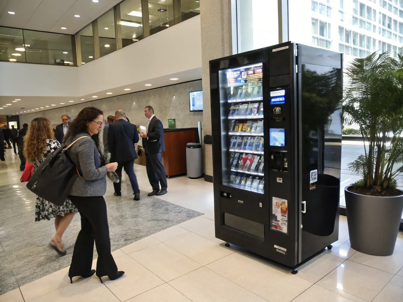 A smart vending machine displaying real-time inventory data on a digital screen, showcasing the ability to monitor stock levels remotely. The image emphasizes the efficiency and convenience of Vendai's inventory management system.