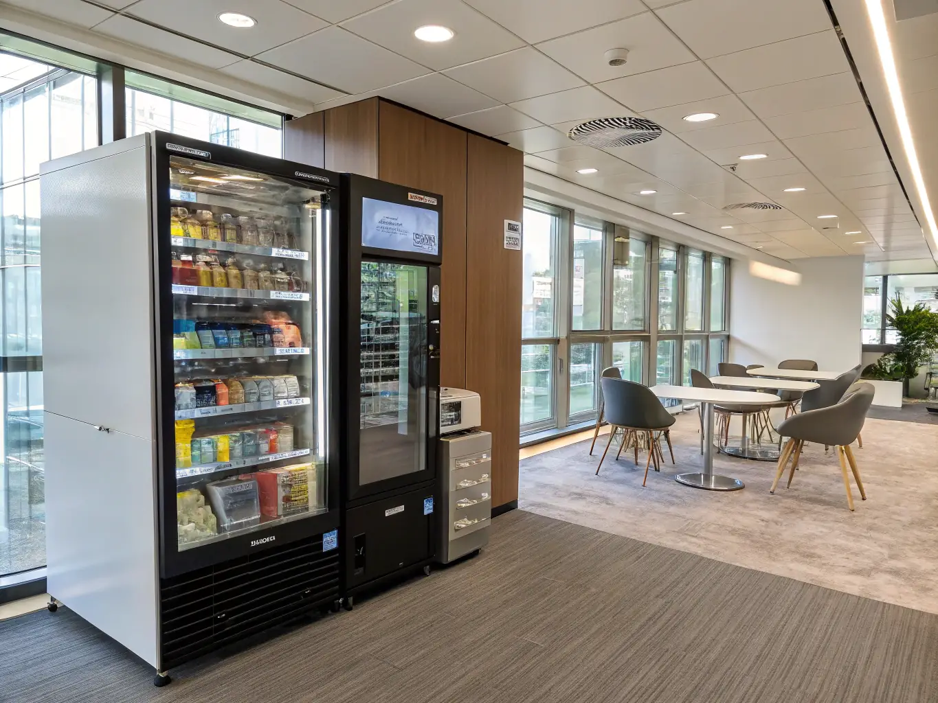 A modern office space featuring a Fresh Salad Vending Machine stocked with a variety of healthy salad options. Employees are seen selecting salads, highlighting the convenience and health benefits of the vending solution in a workplace setting.